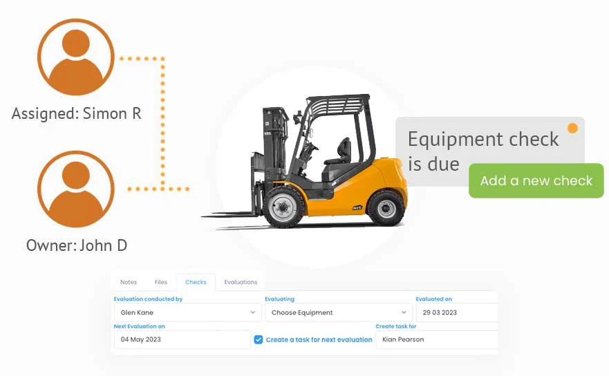 Evalu-8 equipment management: a forklift with an Equipment check is due alert, owner, assignee and next evaluation date
