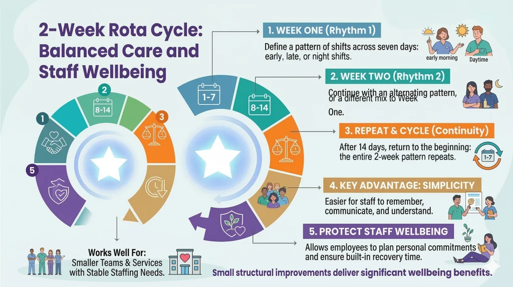 Infographic: a 2-week rota cycle balancing care and staff wellbeing