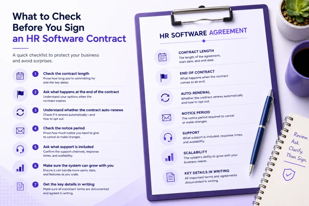 Checklist: what to check before you sign an HR software contract, from contract length to key details in writing