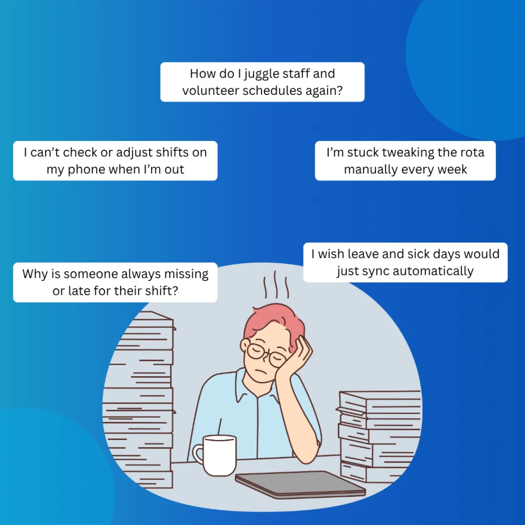 Illustration of a tired scheduler sitting at a desk surrounded by tall stacks of paperwork, with thought bubbles around them reading: “How do I juggle staff and volunteer schedules again?”, “Why is someone always missing or late for their shift?”, “I wish leave and sick days would just sync automatically”, “I’m stuck tweaking the rota manually every week”, and “I can’t check or adjust shifts on my phone when I’m out.” The background is blue, emphasizing the person’s frustration with manual rota management.