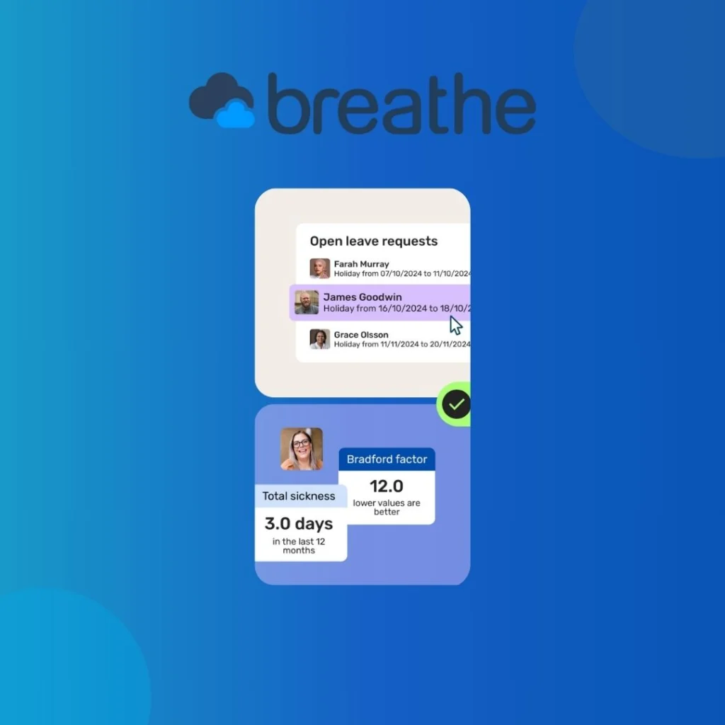 Breathe logo above open leave requests and a Bradford factor card
