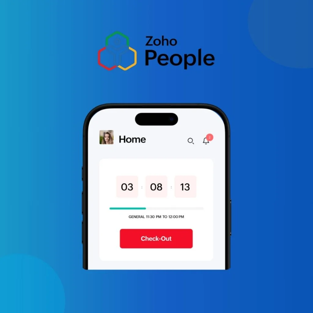 Zoho People logo above a phone showing a check-out timer