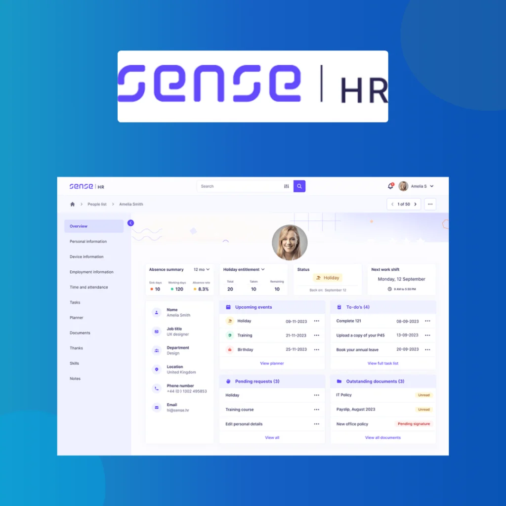 SenseHR logo above an employee profile with holiday entitlement and to-dos