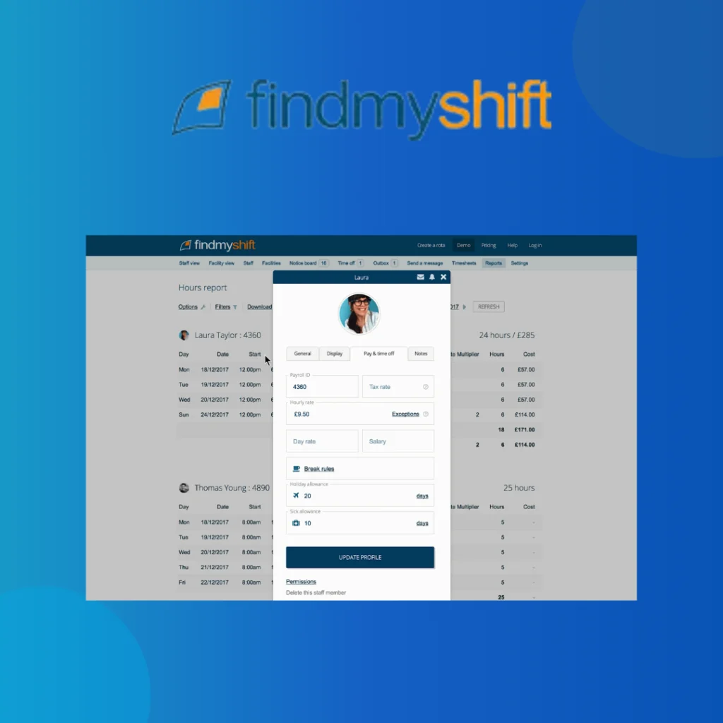 Findmyshift logo above an hours report with an employee profile open