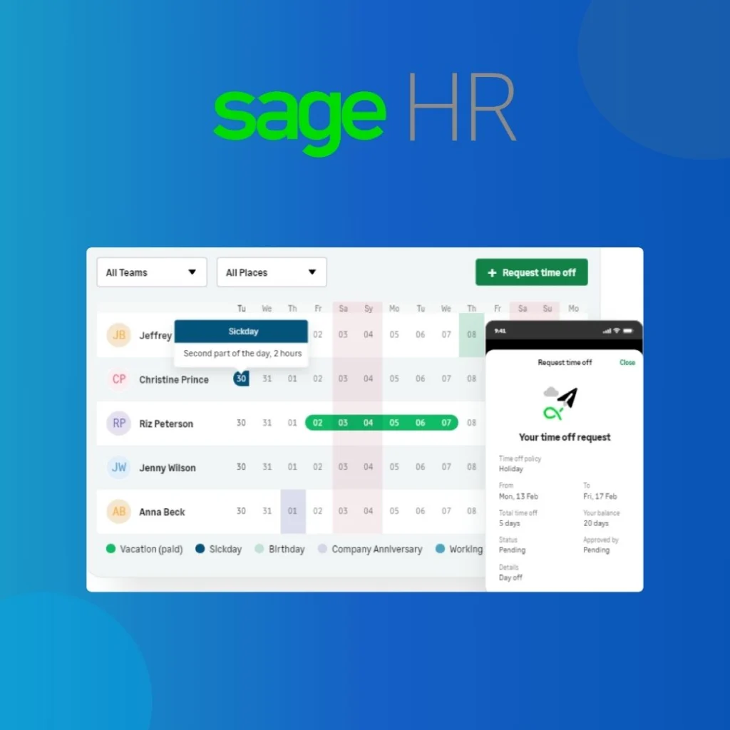 Sage HR logo above a team absence calendar with a time-off request