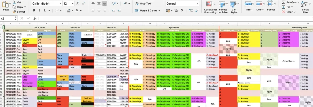 Complex colour-coded hospice rota spreadsheet in Excel