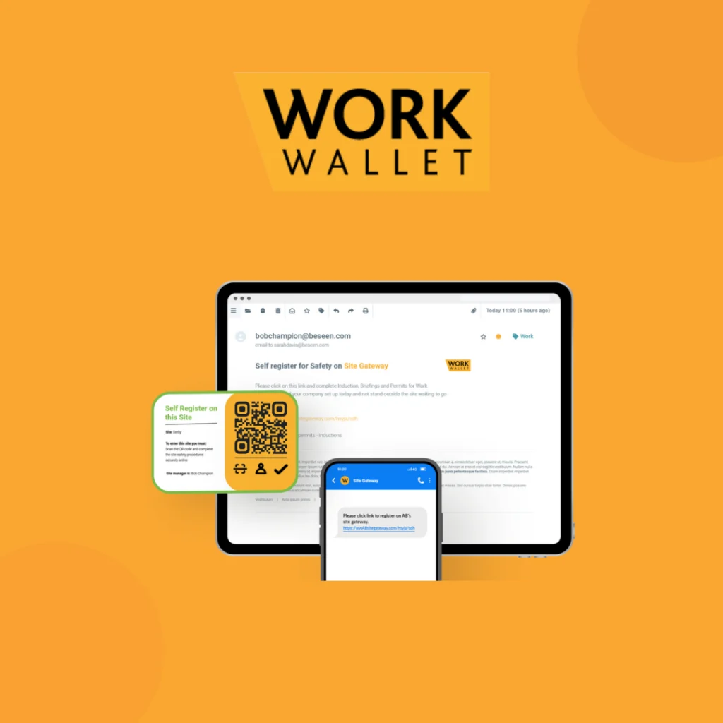 Work Wallet logo above a site self-registration QR code on a tablet and phone