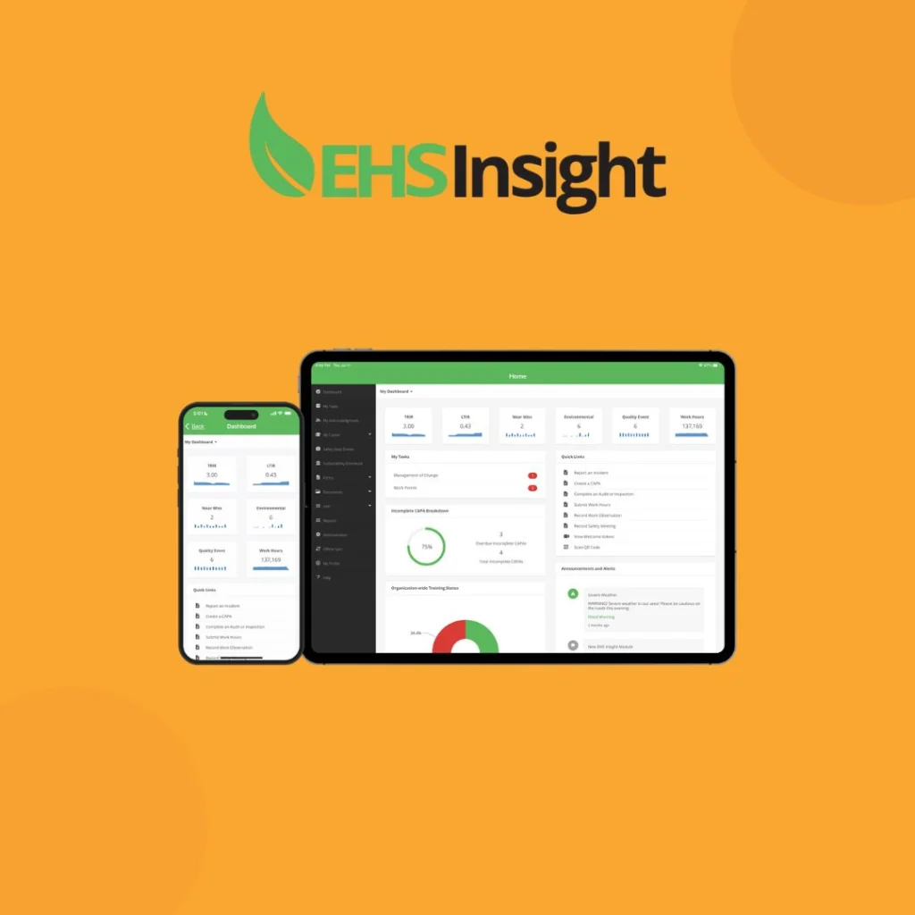 EHS Insight logo above its dashboard on a tablet and phone
