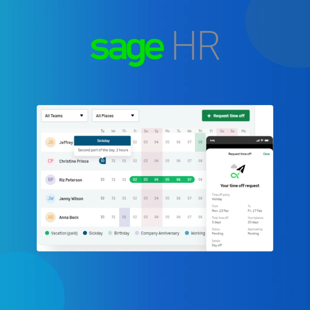 Sage HR logo above a team absence calendar with a time-off request