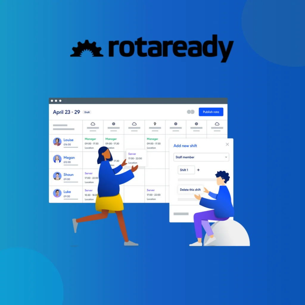 Rotaready logo above a weekly rota with an Add new shift panel