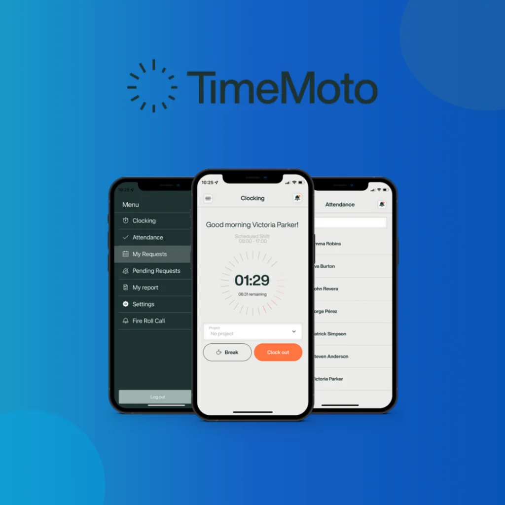 TimeMoto logo above three phones showing clocking and attendance screens