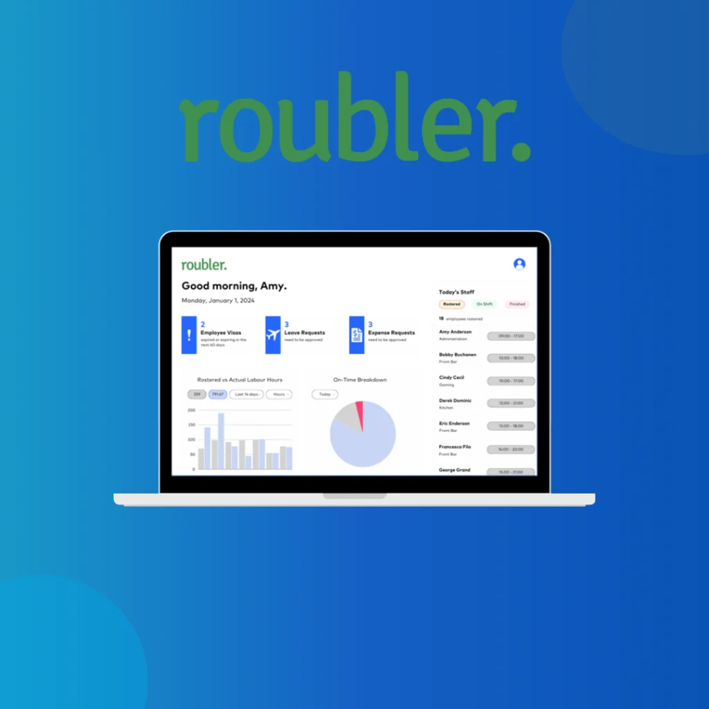 Roubler logo above a laptop showing staff requests and labour hours charts