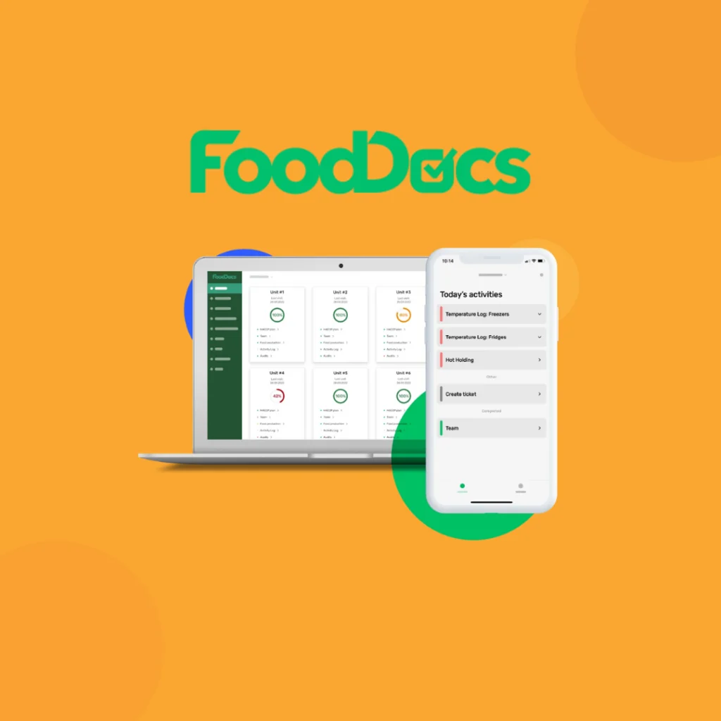 FoodDocs logo above its dashboard on a laptop and phone