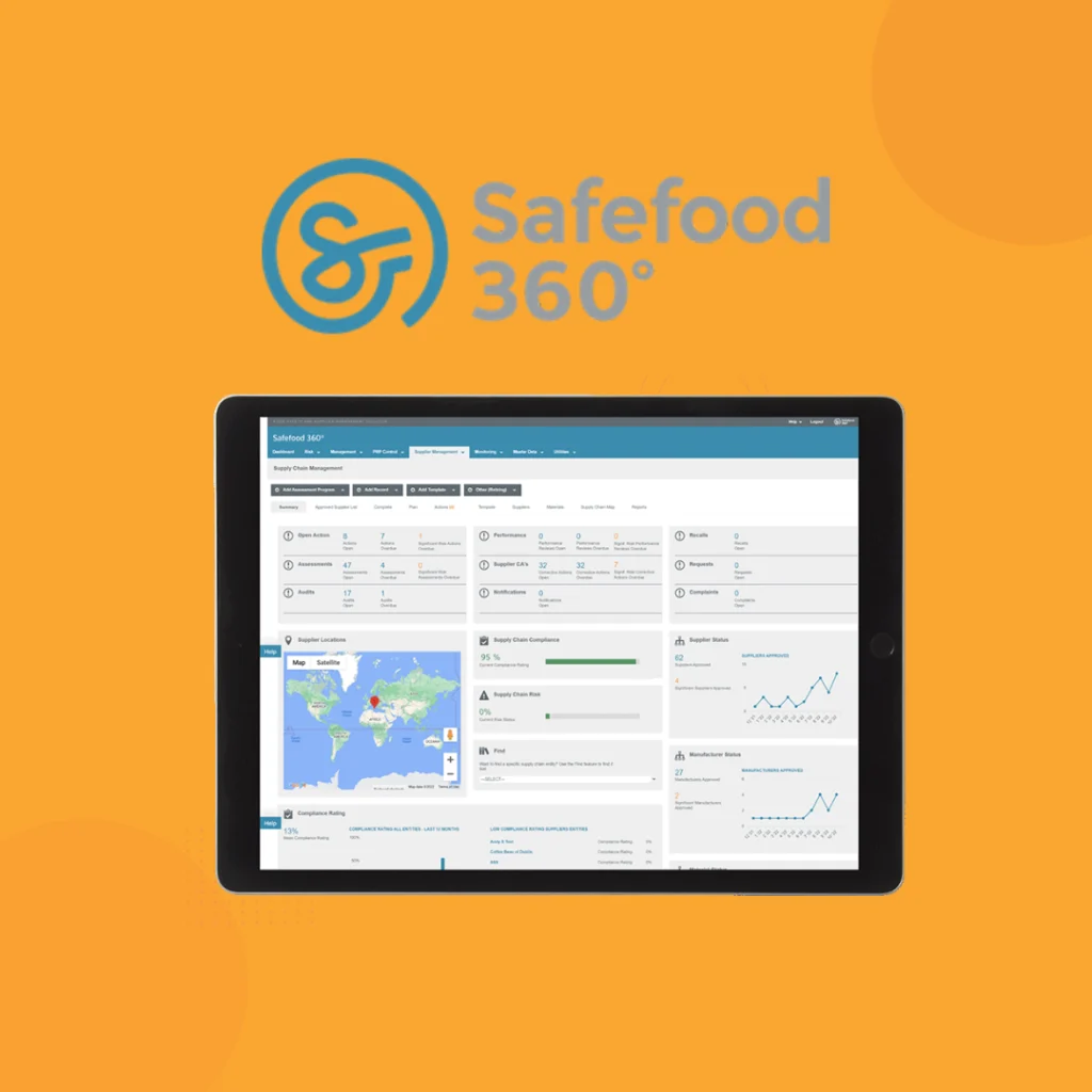 Safefood 360 logo above its dashboard on a tablet