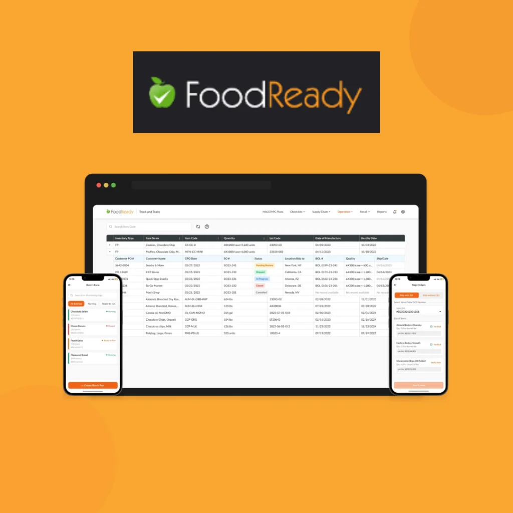 FoodReady logo above its dashboard on a laptop and two phones