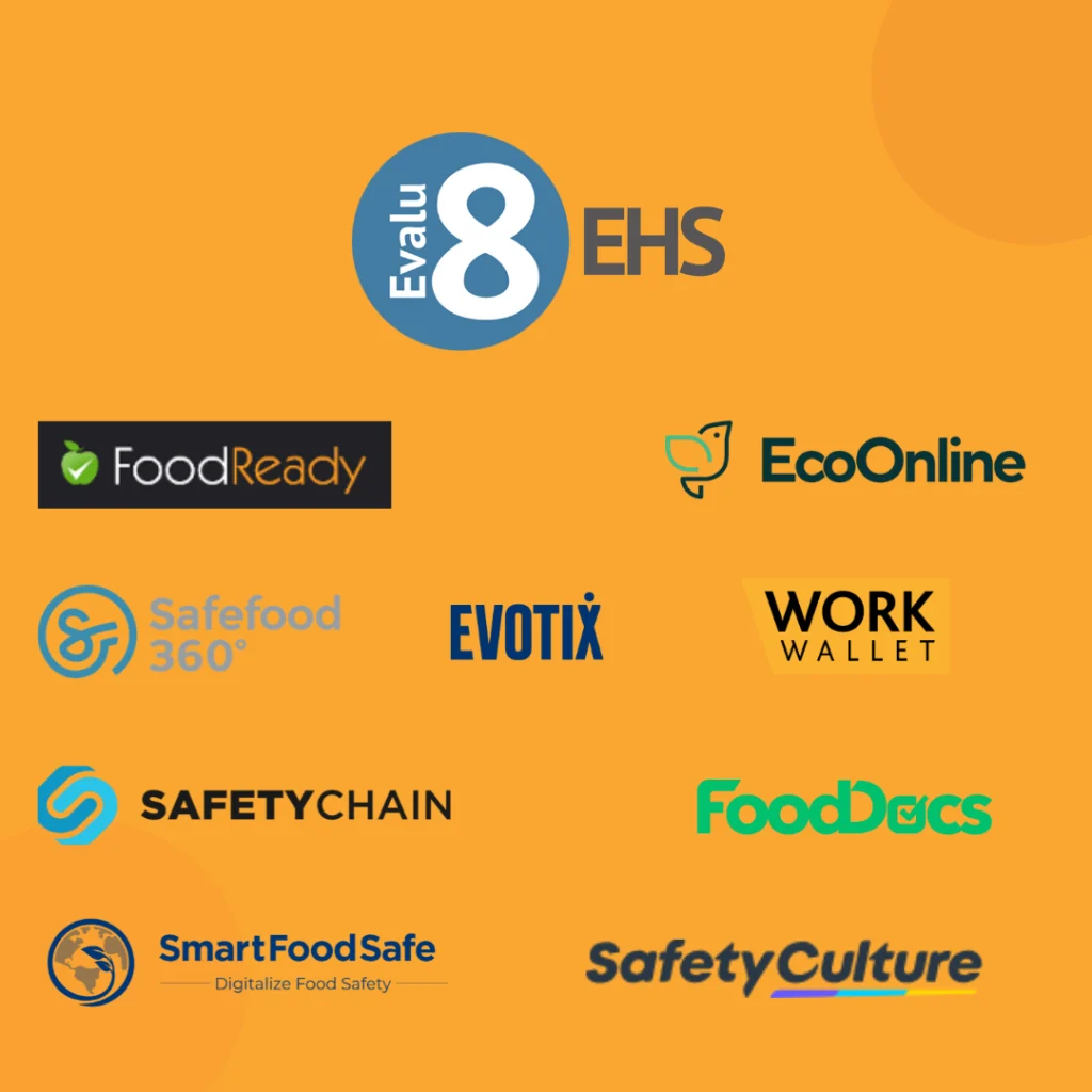 Evalu-8 EHS logo above FoodReady, EcoOnline, Safefood 360, Evotix, Work Wallet, SafetyChain, FoodDocs, SmartFoodSafe and SafetyCulture logos