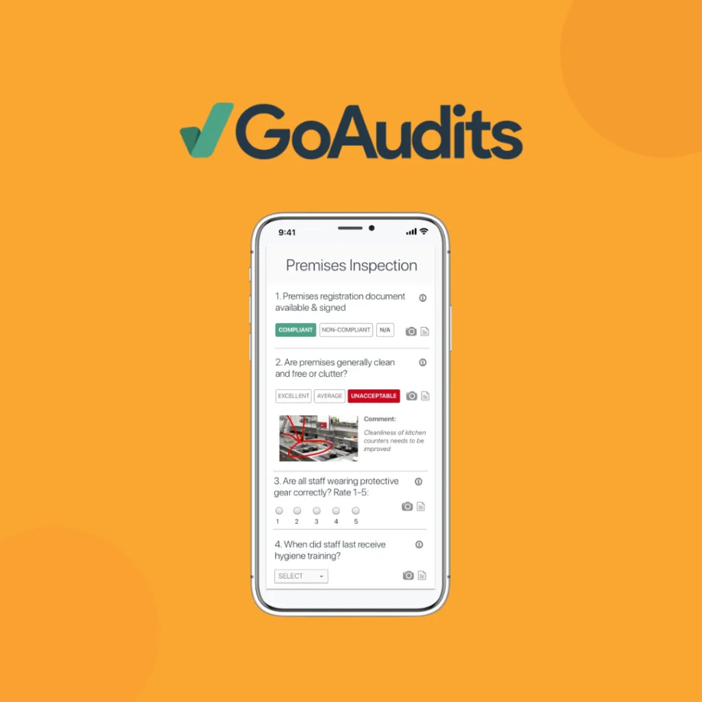 GoAudits logo above a premises inspection on a phone