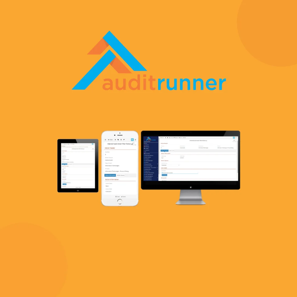 Audit Runner logo above its app on a tablet, phone and desktop