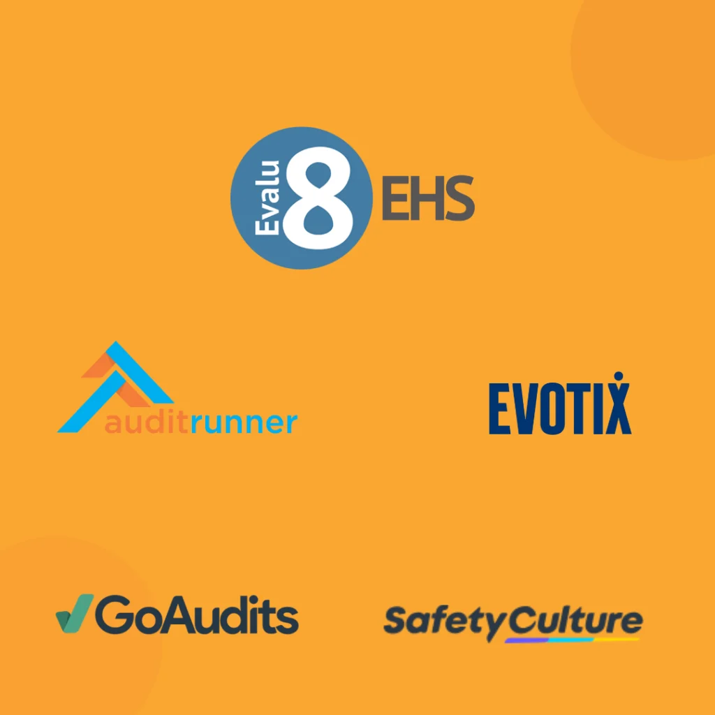 Evalu-8 EHS logo above Audit Runner, Evotix, GoAudits and SafetyCulture logos