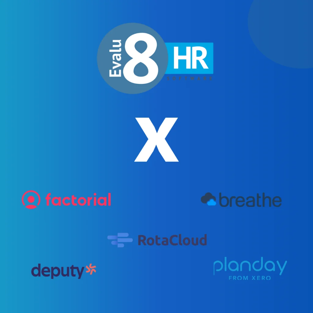 Evalu-8 HR logo and competitor logos such as Factorial, Planday, Deputy, Breathe, ROTAcloud