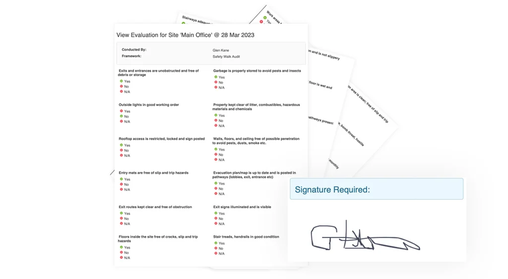 Evalu-8 safety walk audit of a main office with yes/no answers and a signature box