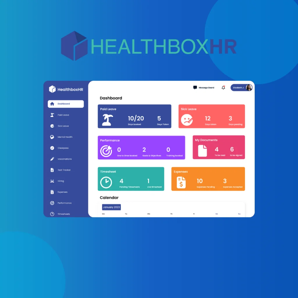 HealthboxHR logo above its dashboard of leave, performance, timesheets and expenses