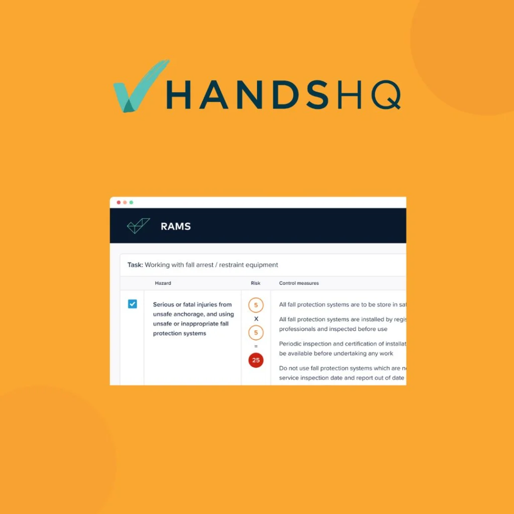 HandsHQ logo above a RAMS task showing hazards, risk ratings and control measures