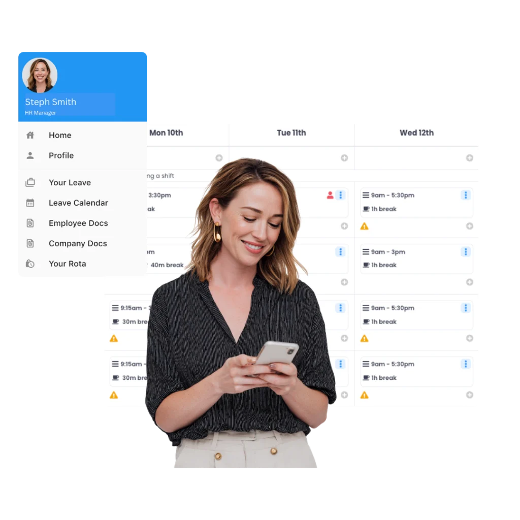 Woman using her phone beside the Evalu-8 HR employee menu and weekly rota