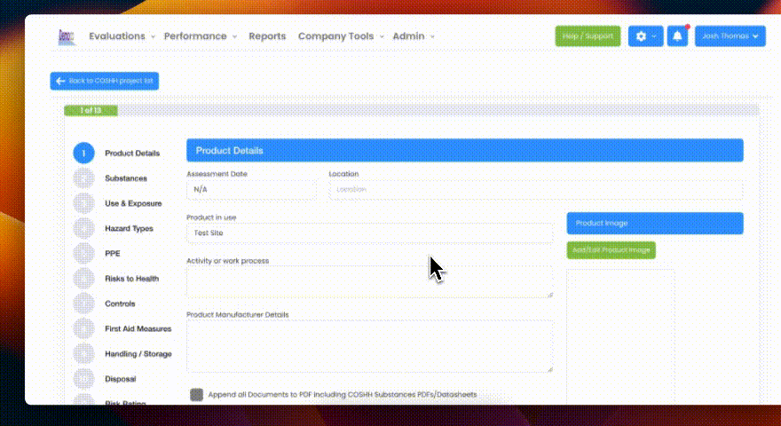 Evalu-8 COSHH assessment on the Product Details step