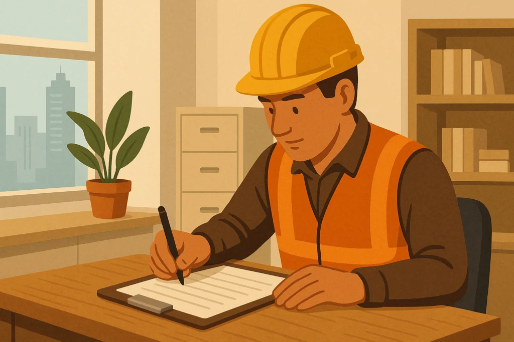 Illustration of a site worker in a hard hat and hi-vis writing a document at a desk