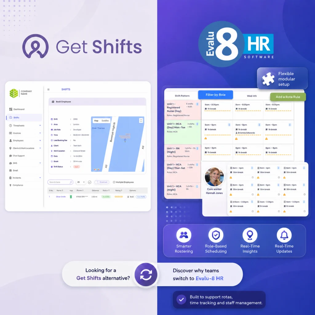 Get Shifts shift screen beside Evalu-8 HR's rota, with smarter rostering, role-based scheduling and real-time updates
