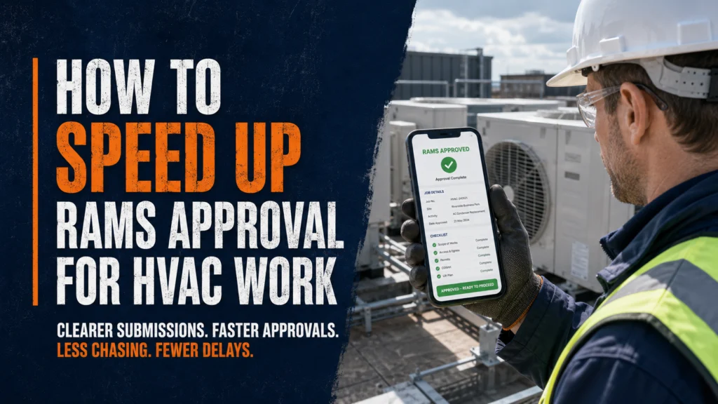 Engineer holding a phone showing RAMS approved: how to speed up RAMS approval for HVAC work