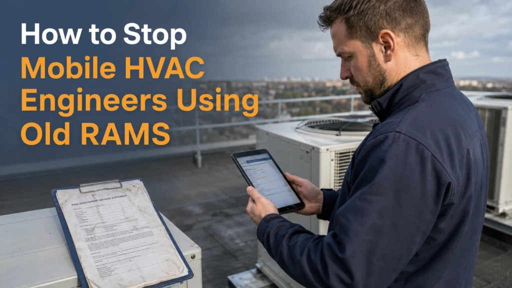 Engineer checking a tablet beside a paper RAMS on a rooftop unit: how to stop mobile HVAC engineers using old RAMS