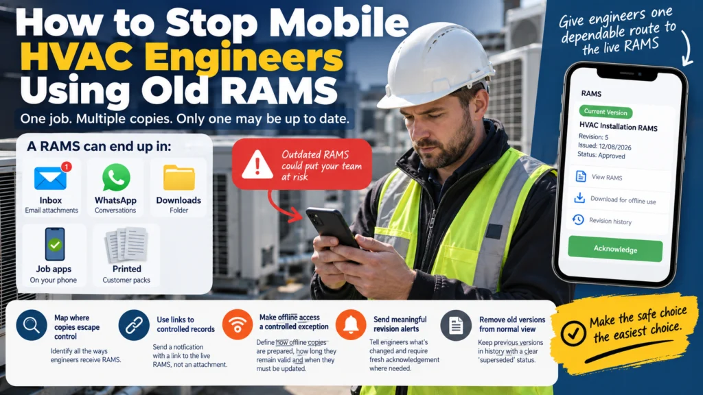 Infographic: how to stop mobile HVAC engineers using old RAMS, from inbox copies to one live version