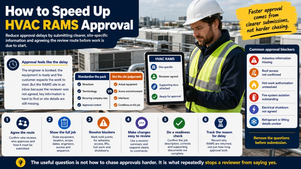Infographic: how to speed up HVAC RAMS approval, with common approval blockers and six steps