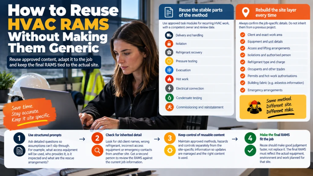 Infographic: how to reuse HVAC RAMS without making them generic, reusing the stable method and rebuilding the site layer