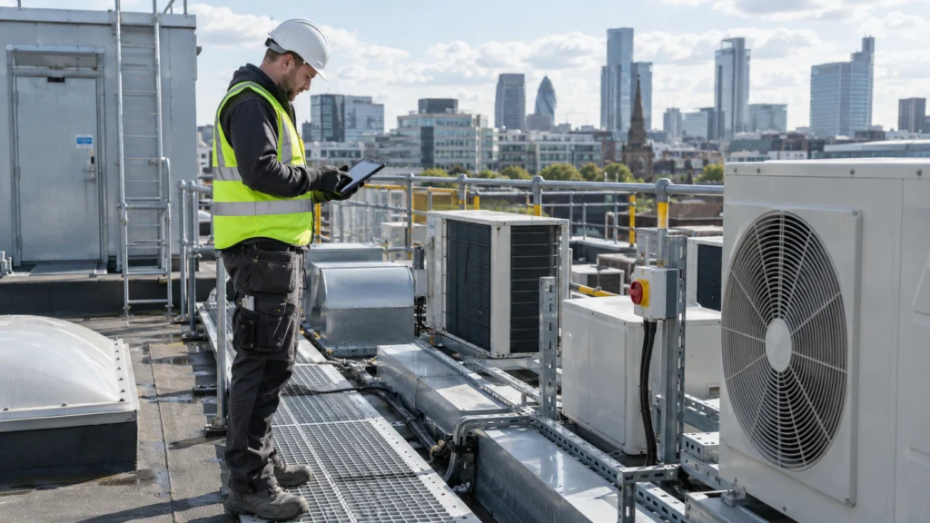 Engineer in a hard hat and hi-vis checking a tablet beside rooftop air-conditioning units above a city skyline