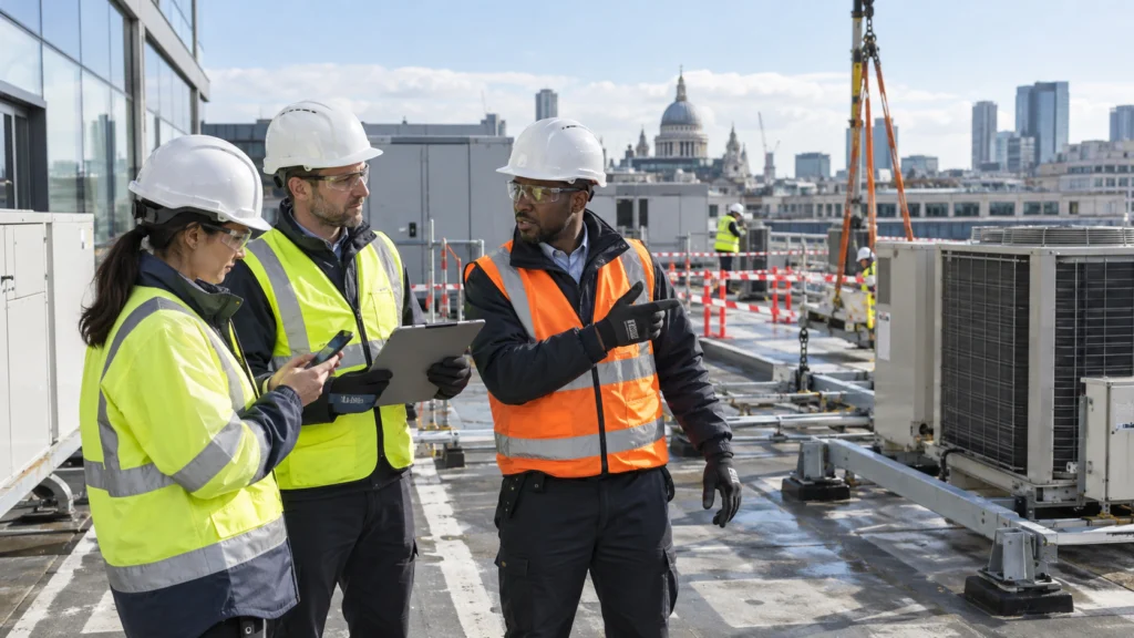 Three site workers in hard hats discussing plans beside rooftop HVAC units