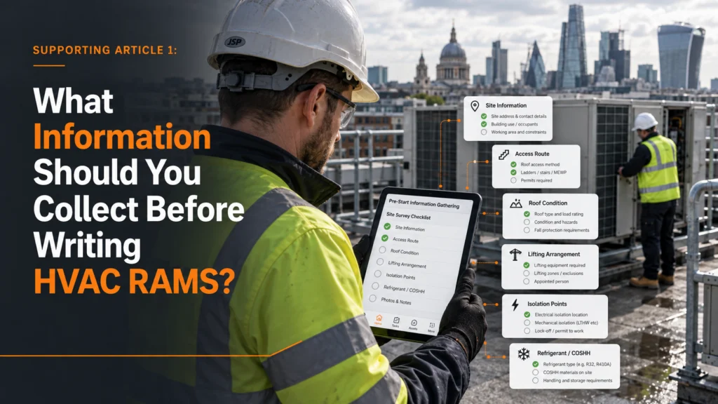 Engineer on a rooftop with a pre-start checklist on a tablet: what information should you collect before writing HVAC RAMS?