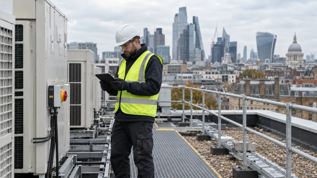 Engineer in hi-vis checking a tablet beside rooftop HVAC units above the City of London