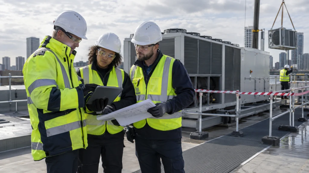 Three engineers in hard hats reviewing drawings and a tablet on a rooftop as a unit is craned in
