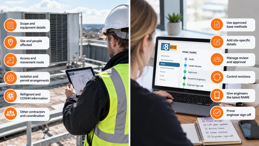 Engineer on a rooftop and a colleague at a laptop showing HVAC RAMS moving from draft to engineer sign-off