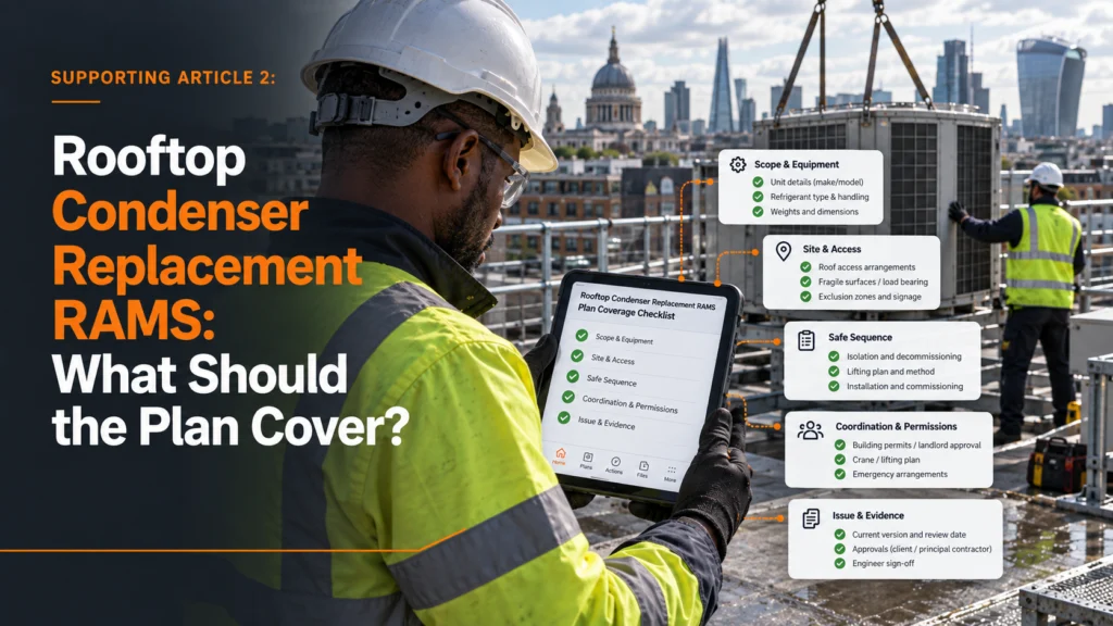 Engineer with a plan checklist on a tablet: rooftop condenser replacement RAMS, what should the plan cover?