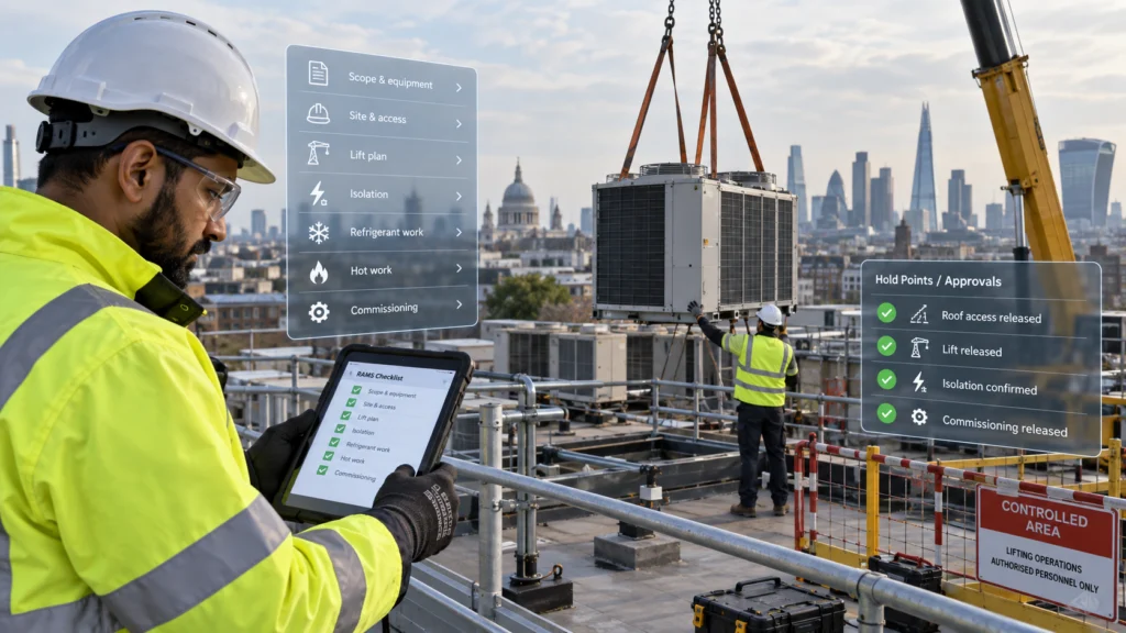 Engineer with a tablet checklist as a unit is lifted, with hold points for roof access, lift, isolation and commissioning