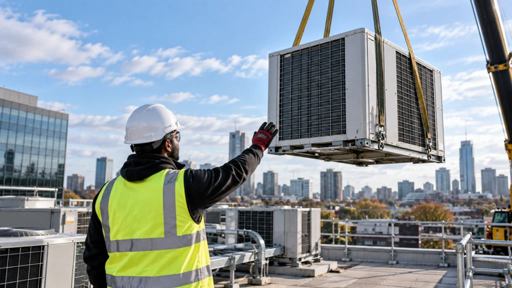 Engineer guiding a condenser unit being craned onto a rooftop