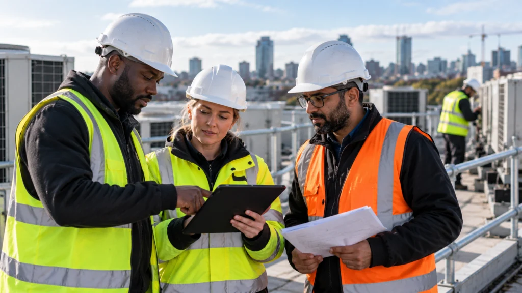 Three engineers in hard hats discussing a tablet and papers on a rooftop