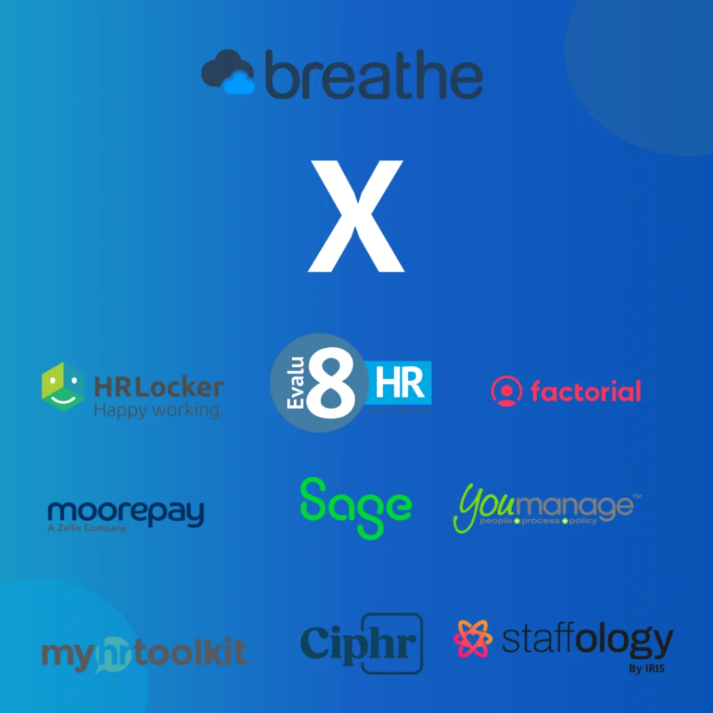 Breathe versus HRLocker, Evalu-8 HR, Factorial, Moorepay, Sage, Youmanage, MyHRToolkit, Ciphr and Staffology logos