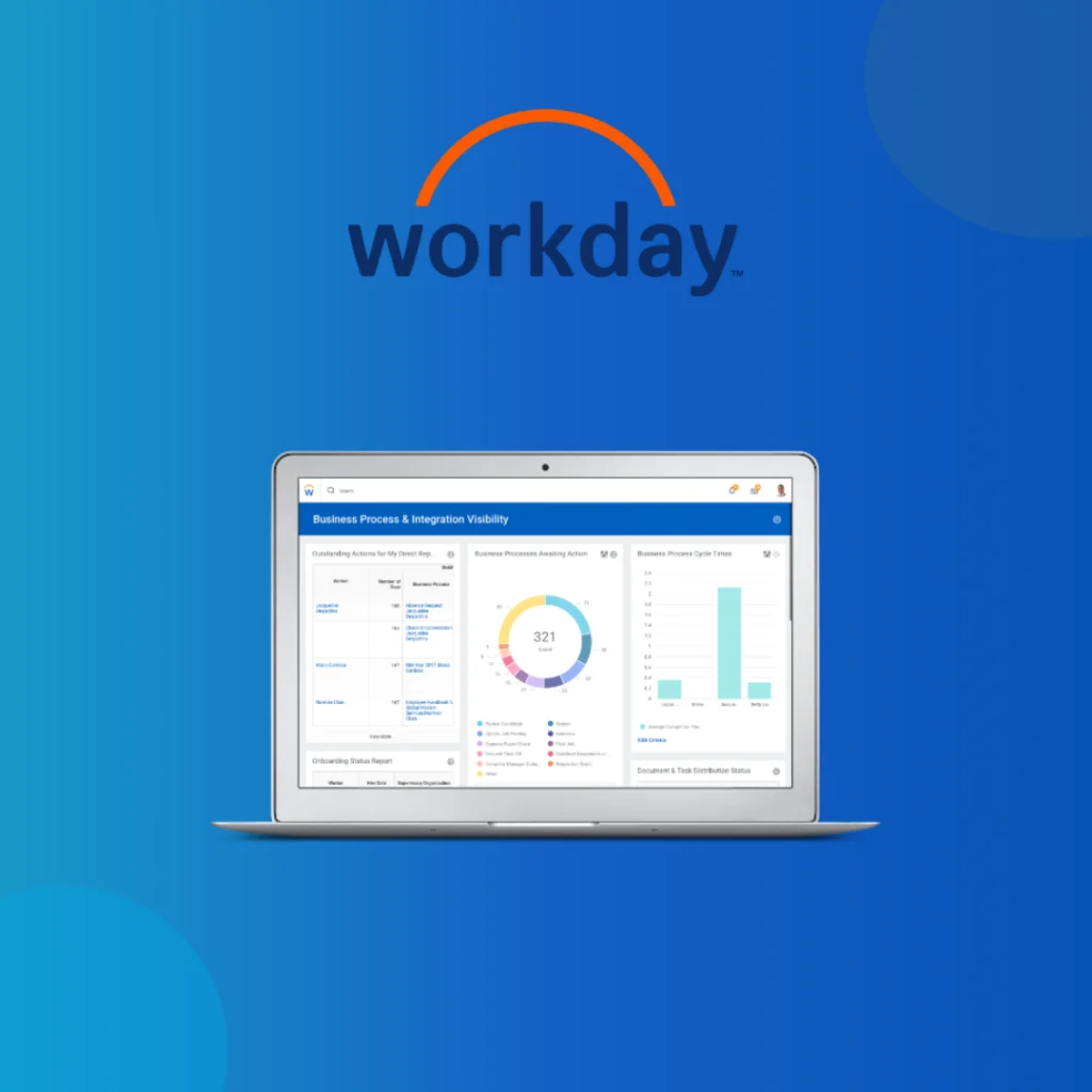 Workday logo above a laptop showing a business process dashboard