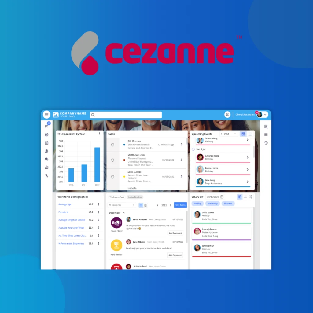 Cezanne HR logo above its HR dashboard