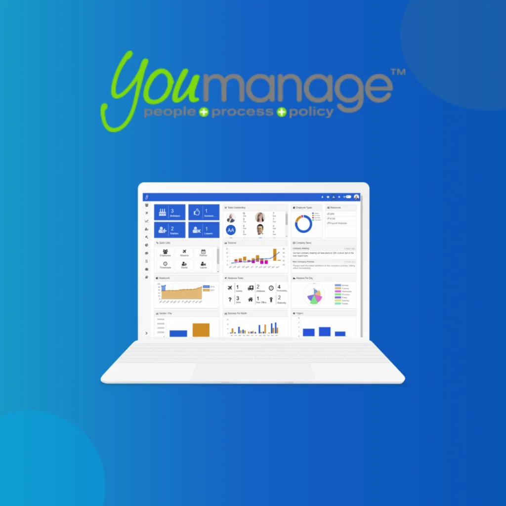 Youmanage logo above a laptop showing its HR dashboard